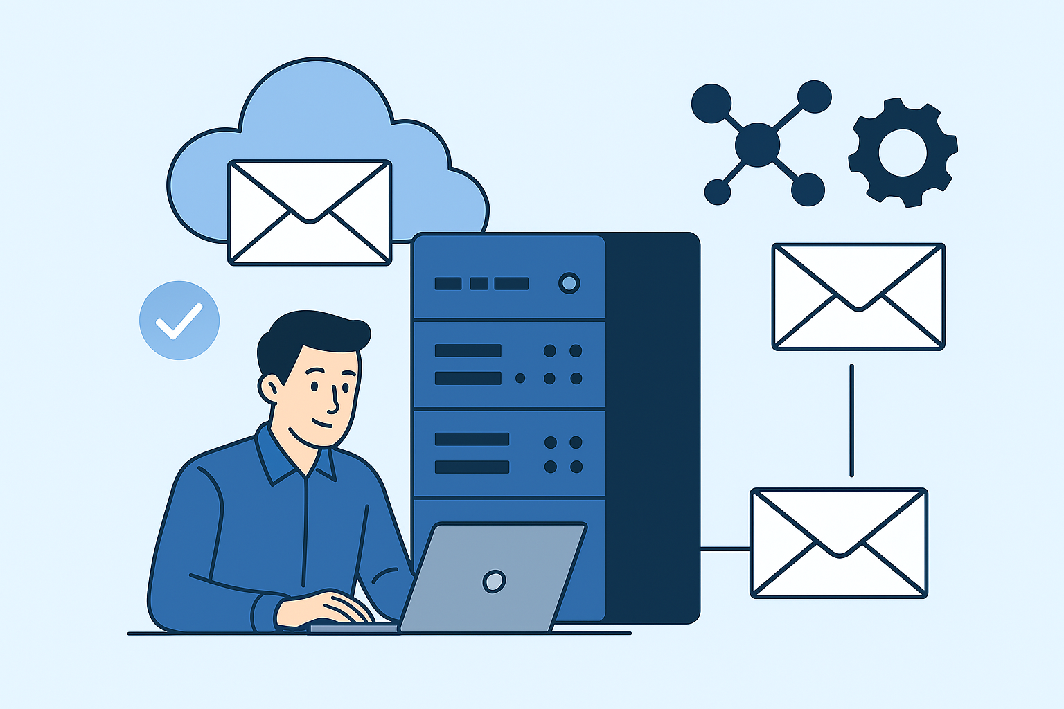 Illustration of a professional email server setup showing cloud infrastructure and envelope icons